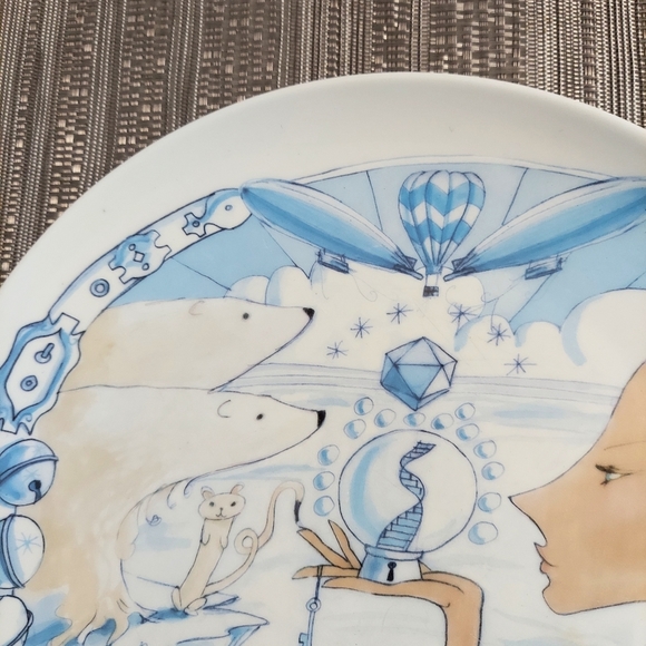 Mystical Decorative Dinner Plate Blue Pencil Drawing Look Fairy Bear Sphere - Picture 3 of 7